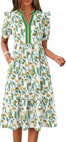 Wenrine Womens Summer Midi Dress Casual Floral Puff Short Sleeve V Neck Swing Flowy Boho Beach Dresses with Pockets in Saudi Arabia