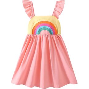 فستان Julerwoo للفتيات الصغيرات من القطن برباط مصبوغ فساتين صيفية كاجوال بألوان قوس قزح من 2 إلى 8 سنوات in Kuwait