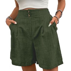 شورت حريمي كاجوال 2026 صيفي بأزرار مرنة عالية الخصر مطوي برمودا مع جيوب ملابس مريحة لقضاء العطلات على الشاطئ in Kuwait