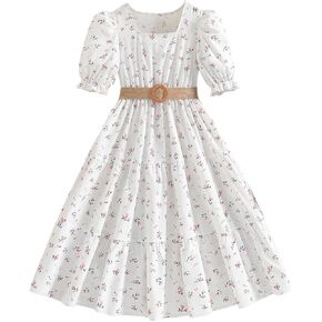 OYOANGLE Girl's Floral Dress Short Puff Sleeve Square Neck Ruffle A Line Midi Tiered Dress Vacation Sundress in Kuwait