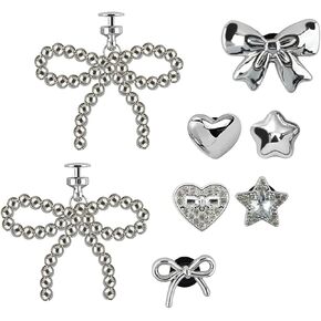 8pcs Silver Pearl Bow Shoe Charms Shiny Rhinestones Heart Star Charms for Shoes Accessories for Women Shoes Decorations Bling Stars Hearts Bows Shoe Charm Set Detachable Footwear Charm Footwear Decor in Saudi Arabia