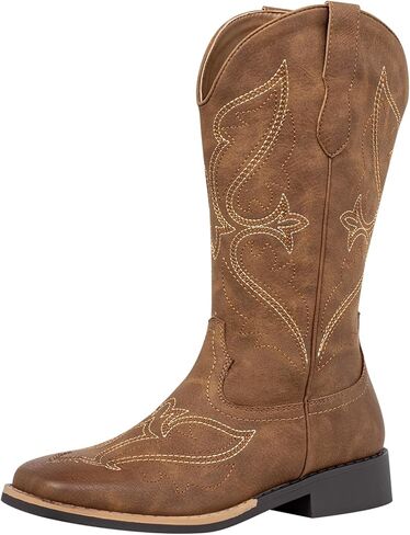 SheSole Cowboy Boots for Women Square Toe Mid Calf Cowgirl Shoes Comfortable Chunky Heel Ladies Brown Western Boots in Saudi Arabia