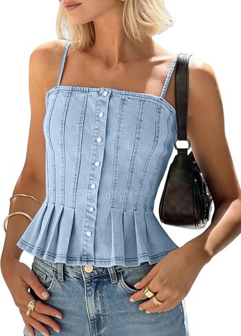 Denim Vest Sleeveless Jean Vest Top for Women Spaghetti Straps Casual Tank Denim Top Summer Cami Trendy Outfits in Saudi Arabia