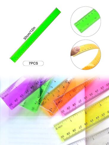 12 Inch 7 Pack Color Transparent Ruler Plastic Rulers with Inches Centimeters Millimeter, for Student School and Office Drawing Measuring Tools in Saudi Arabia