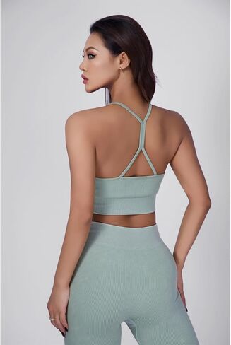 طقم تمرين مكون من 3 قطع للنساء، سروال ضيق لرفع المؤخرة مع حمالة صدر رياضية عالية التأثير، سترة بأكمام طويلة، أخضر مخطط in Kuwait