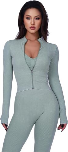 طقم تمرين مكون من 3 قطع للنساء، سروال ضيق لرفع المؤخرة مع حمالة صدر رياضية عالية التأثير، سترة بأكمام طويلة، أخضر مخطط in Kuwait