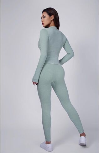 طقم تمرين مكون من 3 قطع للنساء، سروال ضيق لرفع المؤخرة مع حمالة صدر رياضية عالية التأثير، سترة بأكمام طويلة، أخضر مخطط in Kuwait