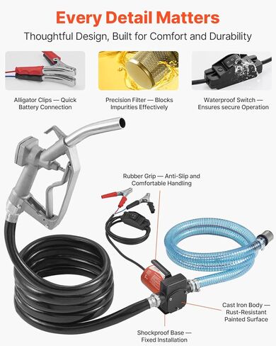 VEVOR 12V DC Fuel Transfer Pump, 5.3 GPM, Portable Electric Diesel Transfer Pump, with Auto Shut-Off Fuel Nozzle, Long Inlet & Outlet Hose, 1/10 HP for Gasoline, Kerosene, Diesel, Methanol Blends in Saudi Arabia