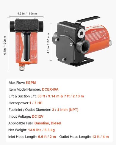 VEVOR 12V DC Fuel Transfer Pump, 5.3 GPM, Portable Electric Diesel Transfer Pump, with Auto Shut-Off Fuel Nozzle, Long Inlet & Outlet Hose, 1/10 HP for Gasoline, Kerosene, Diesel, Methanol Blends in Saudi Arabia