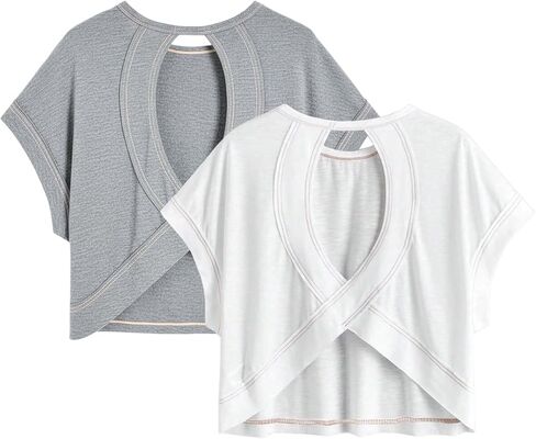 Girl's 2 Packs Open Back Backless Tops Criss Cross Short Sleeve T Shirts Crewneck Casual Tees in Saudi Arabia