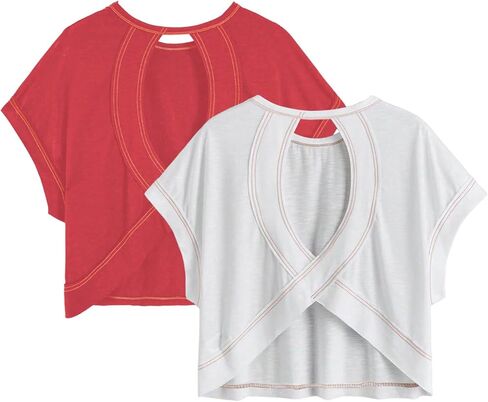 Girl's 2 Packs Open Back Backless Tops Criss Cross Short Sleeve T Shirts Crewneck Casual Tees in Saudi Arabia