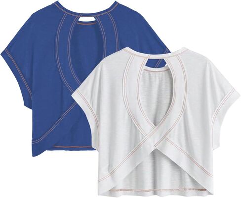 Girl's 2 Packs Open Back Backless Tops Criss Cross Short Sleeve T Shirts Crewneck Casual Tees in Saudi Arabia