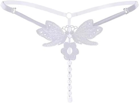 Women G-String Butterfly Embroidery Pearl G-String Low-Waist Thongs Briefs White in Saudi Arabia