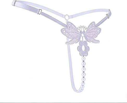 Women G-String Butterfly Embroidery Pearl G-String Low-Waist Thongs Briefs White in Saudi Arabia
