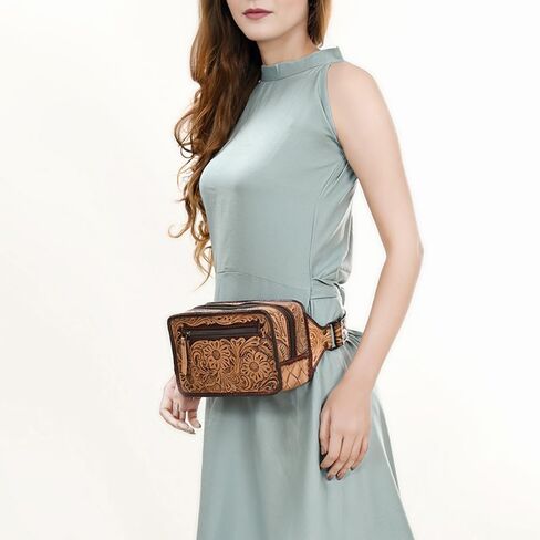 American Darling Western Fanny Pack, Hand-Tooled Floral Carved Genuine Leather Waist Bag with Multi-Pocket Design for Everyday Carry in Saudi Arabia