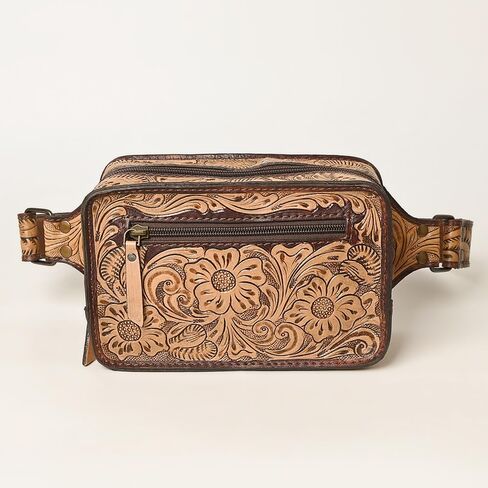 American Darling Western Fanny Pack, Hand-Tooled Floral Carved Genuine Leather Waist Bag with Multi-Pocket Design for Everyday Carry in Saudi Arabia