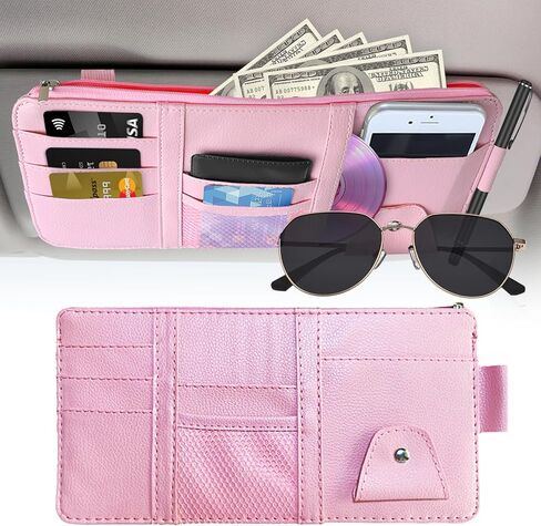 منظم حاجب الشمس (وردي)، حامل تخزين حاجب السيارة للنظارات الشمسية والوثائق والبطاقات والقلم، وجيب بسحاب، يناسب سيارات السيدان والشاحنات وسيارات الدفع الرباعي والإكسسوارات الداخلية للسيارات in Kuwait