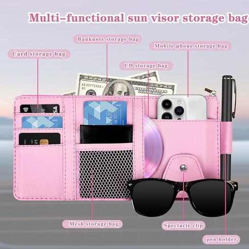 منظم حاجب الشمس (وردي)، حامل تخزين حاجب السيارة للنظارات الشمسية والوثائق والبطاقات والقلم، وجيب بسحاب، يناسب سيارات السيدان والشاحنات وسيارات الدفع الرباعي والإكسسوارات الداخلية للسيارات in Kuwait