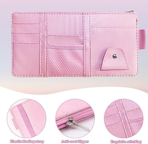 منظم حاجب الشمس (وردي)، حامل تخزين حاجب السيارة للنظارات الشمسية والوثائق والبطاقات والقلم، وجيب بسحاب، يناسب سيارات السيدان والشاحنات وسيارات الدفع الرباعي والإكسسوارات الداخلية للسيارات in Kuwait