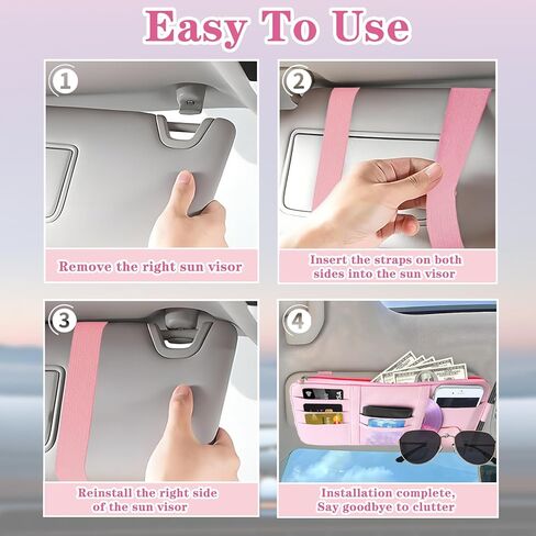منظم حاجب الشمس (وردي)، حامل تخزين حاجب السيارة للنظارات الشمسية والوثائق والبطاقات والقلم، وجيب بسحاب، يناسب سيارات السيدان والشاحنات وسيارات الدفع الرباعي والإكسسوارات الداخلية للسيارات in Kuwait