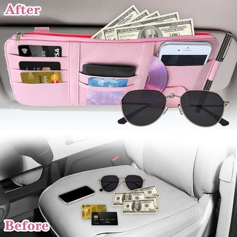 منظم حاجب الشمس (وردي)، حامل تخزين حاجب السيارة للنظارات الشمسية والوثائق والبطاقات والقلم، وجيب بسحاب، يناسب سيارات السيدان والشاحنات وسيارات الدفع الرباعي والإكسسوارات الداخلية للسيارات in Kuwait