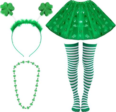 Sucrain St. Patrick's Day Costume Accessories Set Include Shamrock Headband Necklaces Striped Socks and Green Tutu Skirt for Women Irish Party Supplies in Saudi Arabia