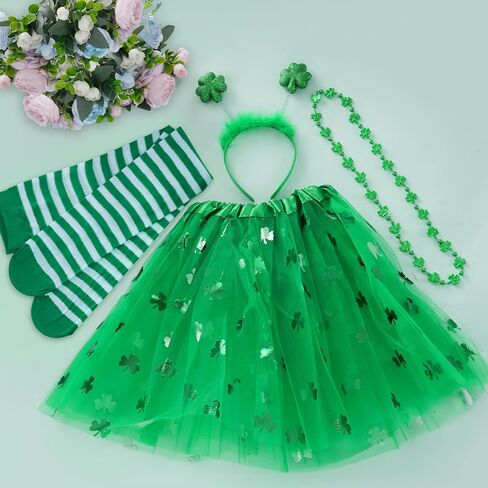 Sucrain St. Patrick's Day Costume Accessories Set Include Shamrock Headband Necklaces Striped Socks and Green Tutu Skirt for Women Irish Party Supplies in Saudi Arabia