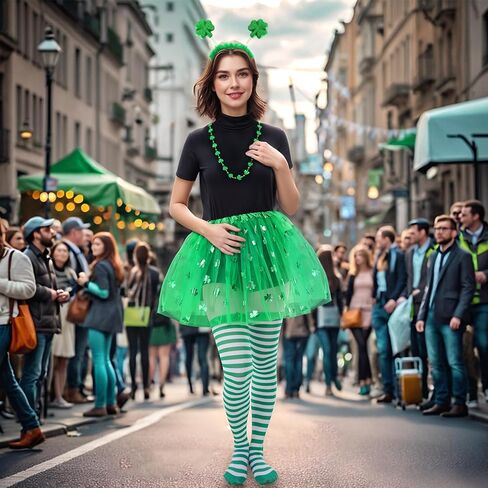 Sucrain St. Patrick's Day Costume Accessories Set Include Shamrock Headband Necklaces Striped Socks and Green Tutu Skirt for Women Irish Party Supplies in Saudi Arabia