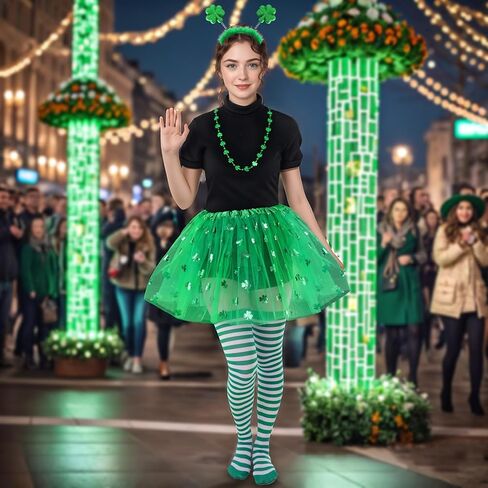 Sucrain St. Patrick's Day Costume Accessories Set Include Shamrock Headband Necklaces Striped Socks and Green Tutu Skirt for Women Irish Party Supplies in Saudi Arabia
