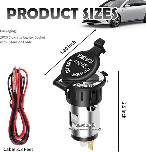 2PCS Car Cigarette Lighter Replacement,12-24V DC Car Power Outlet with Wiring Harness & Waterproof Cover,Universal Female Cars Cigarette Lighter Socket for Dash Cams/GPS in Kuwait