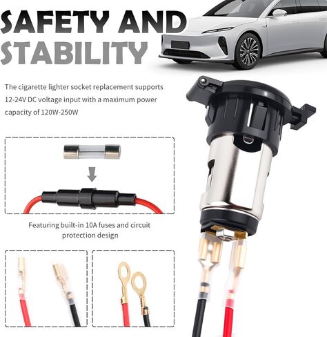 2PCS Car Cigarette Lighter Replacement,12-24V DC Car Power Outlet with Wiring Harness & Waterproof Cover,Universal Female Cars Cigarette Lighter Socket for Dash Cams/GPS in Kuwait