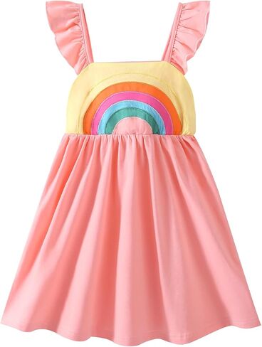 فستان Julerwoo للفتيات الصغيرات من القطن برباط مصبوغ فساتين صيفية كاجوال بألوان قوس قزح من 2 إلى 8 سنوات in Kuwait