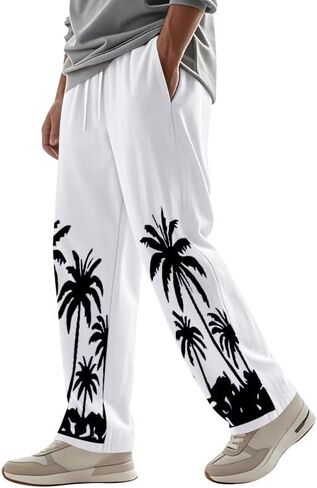 Men's Print Casual Linen Pants, Relaxed Drawstring Trousers, with Pockets, Lightweight Breathable, for Travel Vacation in Saudi Arabia