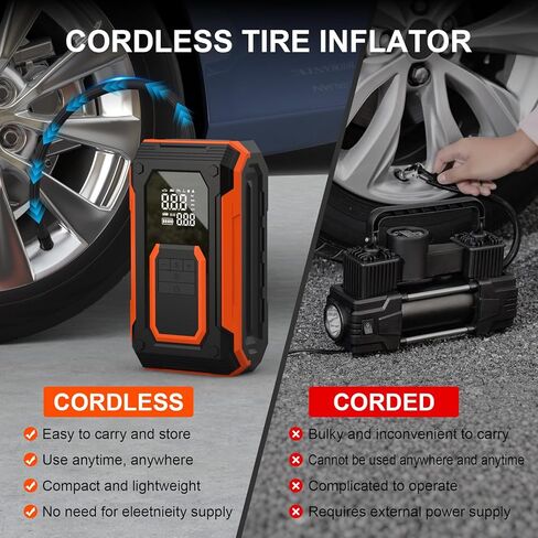 Tire Inflator Portable Air Compressor, 150PSI Cordless Air Pump for Car Tires, Dual Power - Battery & 12V DC, Portable Air Pump With Memory Function for Car, Motorcycle, Bike, Ball, etc in Saudi Arabia
