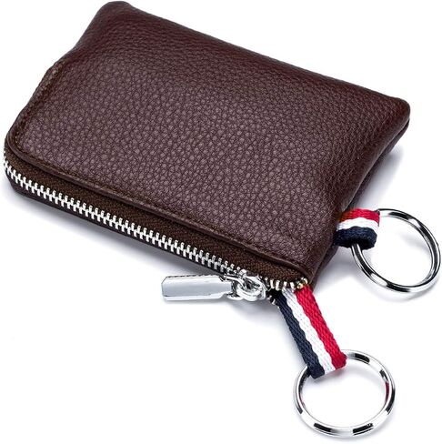 Mini Genuine Leather Wallet Coin Purse with Dual Keyrings Compact Change Pouch and Card Holder for Men and Women (Coffee) in Saudi Arabia