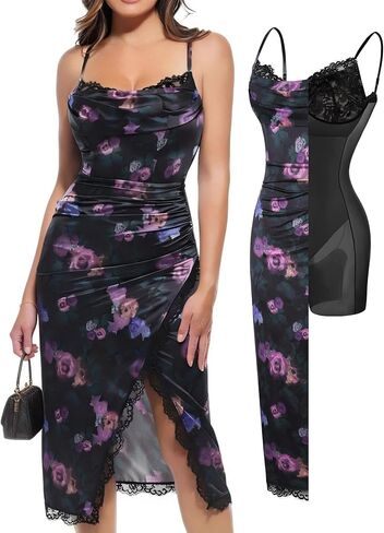 Popilush Shapewear Corset Dress Women's Satin Ruched Midi Dress Cocktail Date Night Classy Dresses with Lace Trim Bra in Saudi Arabia