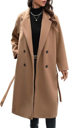 WOWULOVELY Women's Winter Double Breasted Wool Coat Long Sleeve Notched Collar Trench Long Oversized Button Down Overcoats in Saudi Arabia