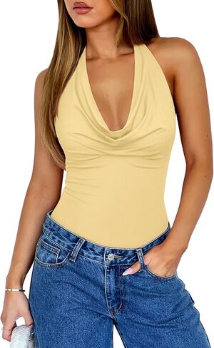 REORIA Womens Sexy Cowl Neck Halter Body Suits Summer Open Back Bodysuit Tank Tops in Saudi Arabia