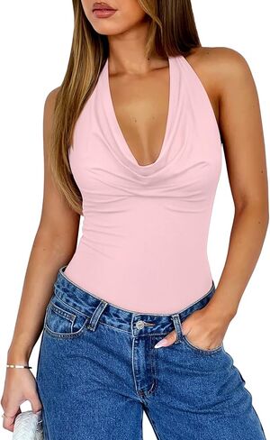 REORIA Womens Sexy Cowl Neck Halter Body Suits Summer Open Back Bodysuit Tank Tops in Saudi Arabia