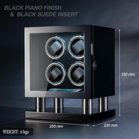 صندوق لفاف الساعة لـ 4 ساعات أوتوماتيكية، غطاء زجاجي قابل للقفل، خشب أسود مع بطانة من الجلد السويدي الأسود، محرك صامت، تقنية دوران TPD، لمس LCD، جهاز تحكم عن بعد in Kuwait