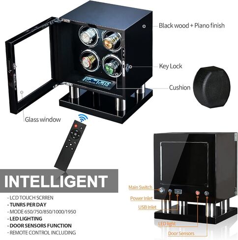 صندوق لفاف الساعة لـ 4 ساعات أوتوماتيكية، غطاء زجاجي قابل للقفل، خشب أسود مع بطانة من الجلد السويدي الأسود، محرك صامت، تقنية دوران TPD، لمس LCD، جهاز تحكم عن بعد in Kuwait