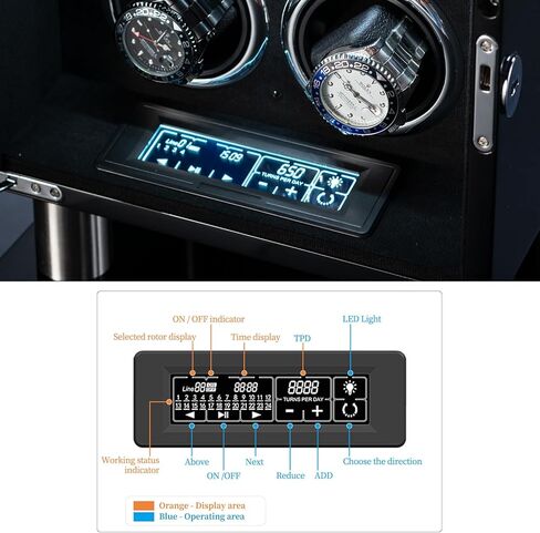 صندوق لفاف الساعة لـ 4 ساعات أوتوماتيكية، غطاء زجاجي قابل للقفل، خشب أسود مع بطانة من الجلد السويدي الأسود، محرك صامت، تقنية دوران TPD، لمس LCD، جهاز تحكم عن بعد in Kuwait