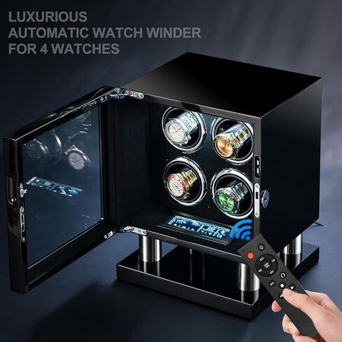 صندوق لفاف الساعة لـ 4 ساعات أوتوماتيكية، غطاء زجاجي قابل للقفل، خشب أسود مع بطانة من الجلد السويدي الأسود، محرك صامت، تقنية دوران TPD، لمس LCD، جهاز تحكم عن بعد in Kuwait