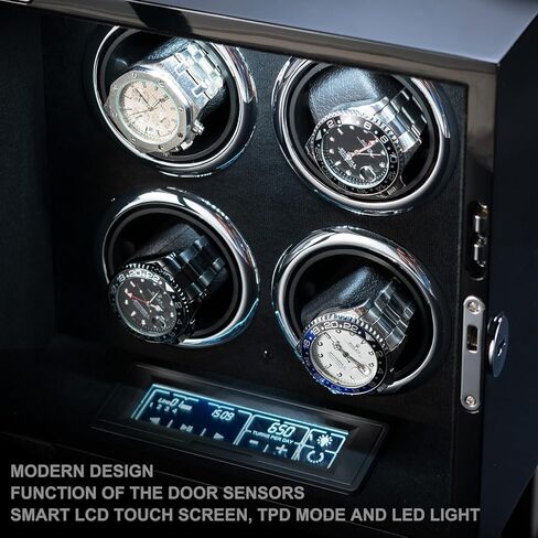 صندوق لفاف الساعة لـ 4 ساعات أوتوماتيكية، غطاء زجاجي قابل للقفل، خشب أسود مع بطانة من الجلد السويدي الأسود، محرك صامت، تقنية دوران TPD، لمس LCD، جهاز تحكم عن بعد in Kuwait