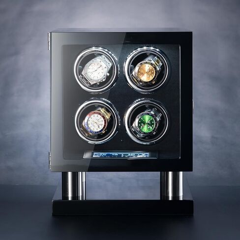 صندوق لفاف الساعة لـ 4 ساعات أوتوماتيكية، غطاء زجاجي قابل للقفل، خشب أسود مع بطانة من الجلد السويدي الأسود، محرك صامت، تقنية دوران TPD، لمس LCD، جهاز تحكم عن بعد in Kuwait