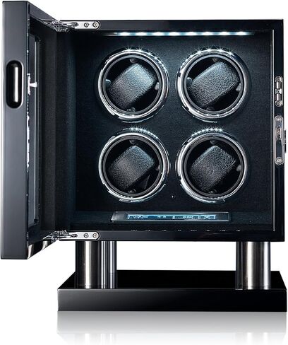 صندوق لفاف الساعة لـ 4 ساعات أوتوماتيكية، غطاء زجاجي قابل للقفل، خشب أسود مع بطانة من الجلد السويدي الأسود، محرك صامت، تقنية دوران TPD، لمس LCD، جهاز تحكم عن بعد in Kuwait