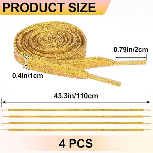 2 Pairs Flat Glitter Shoelace, 43.3" Metallic Shoe Laces, Hoodie String Ropes, Shiny Replacement Drawstring Cords for Sneakers, Boots, Bags - Gold Color, 4pcs in Saudi Arabia