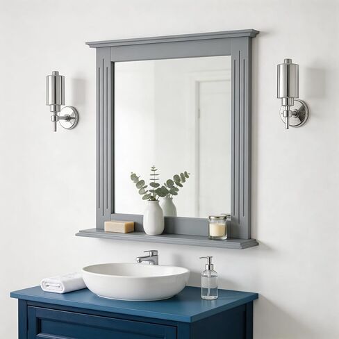 مرآة حائط للحمام من تانجكولا مع رف، مرآة مكياج مربعة معلقة على الحائط، مرآة زينة لغرفة الملابس وغرفة النوم، مرآة حديثة مثبتة على الحائط (أبيض) in Kuwait