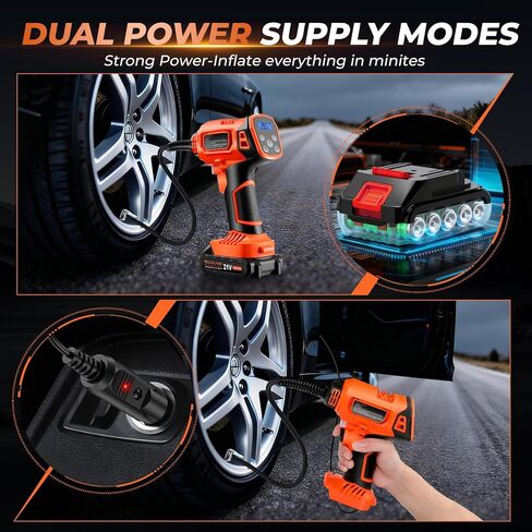 Tire Inflator Portable Air Compressor, 21V Cordless Car Tire Pump, Rechargeable Battery Powered Handheld 160PSI Tire Inflator with Digital Pressure Gauge for Car Motorcycle E-Bike in Kuwait