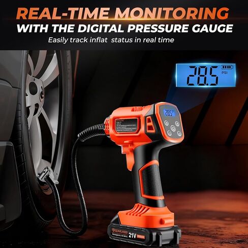 Tire Inflator Portable Air Compressor, 21V Cordless Car Tire Pump, Rechargeable Battery Powered Handheld 160PSI Tire Inflator with Digital Pressure Gauge for Car Motorcycle E-Bike in Kuwait